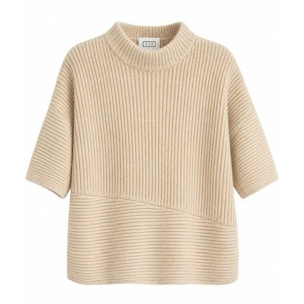 AYR Ribbed Asymmetrical Sweater Cream Wool Alpaca Mixed Mock Neck Short Sleeve M